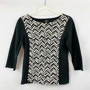 LOFT 3/4 Sleeve Top Herringbone Pattern Black White Small